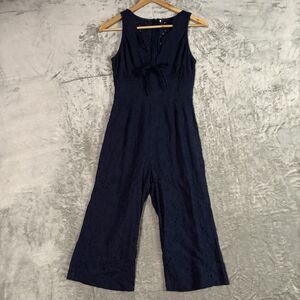 Davi & Dani Navy Eyelet Tie Front Wide Leg Jumpsuit Sleeveless Boho Romper Pants